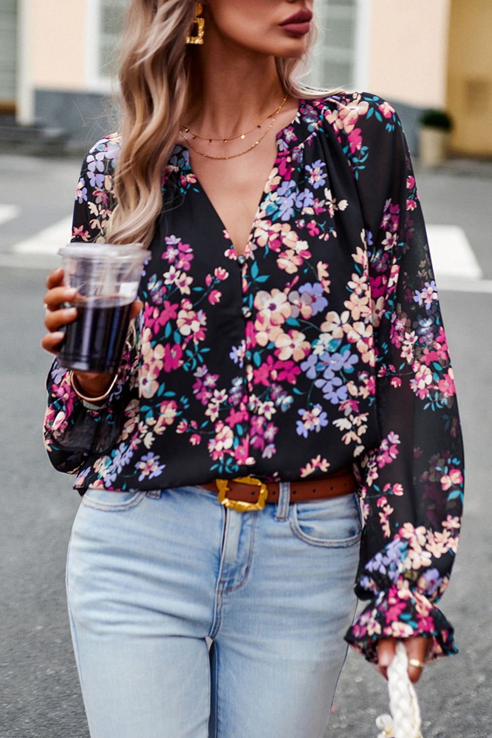 Floral Print Flounce Sleeve Blouse Trendsi