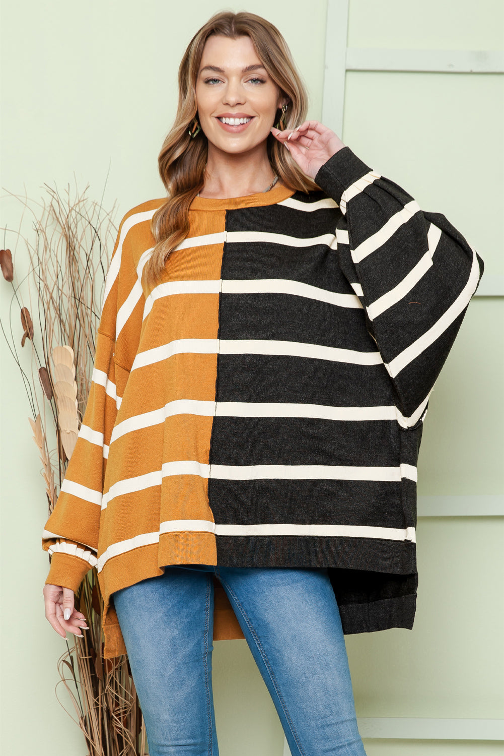 Striped Dropped Shoulder Round Neck Blouse ShopOnlyDeal