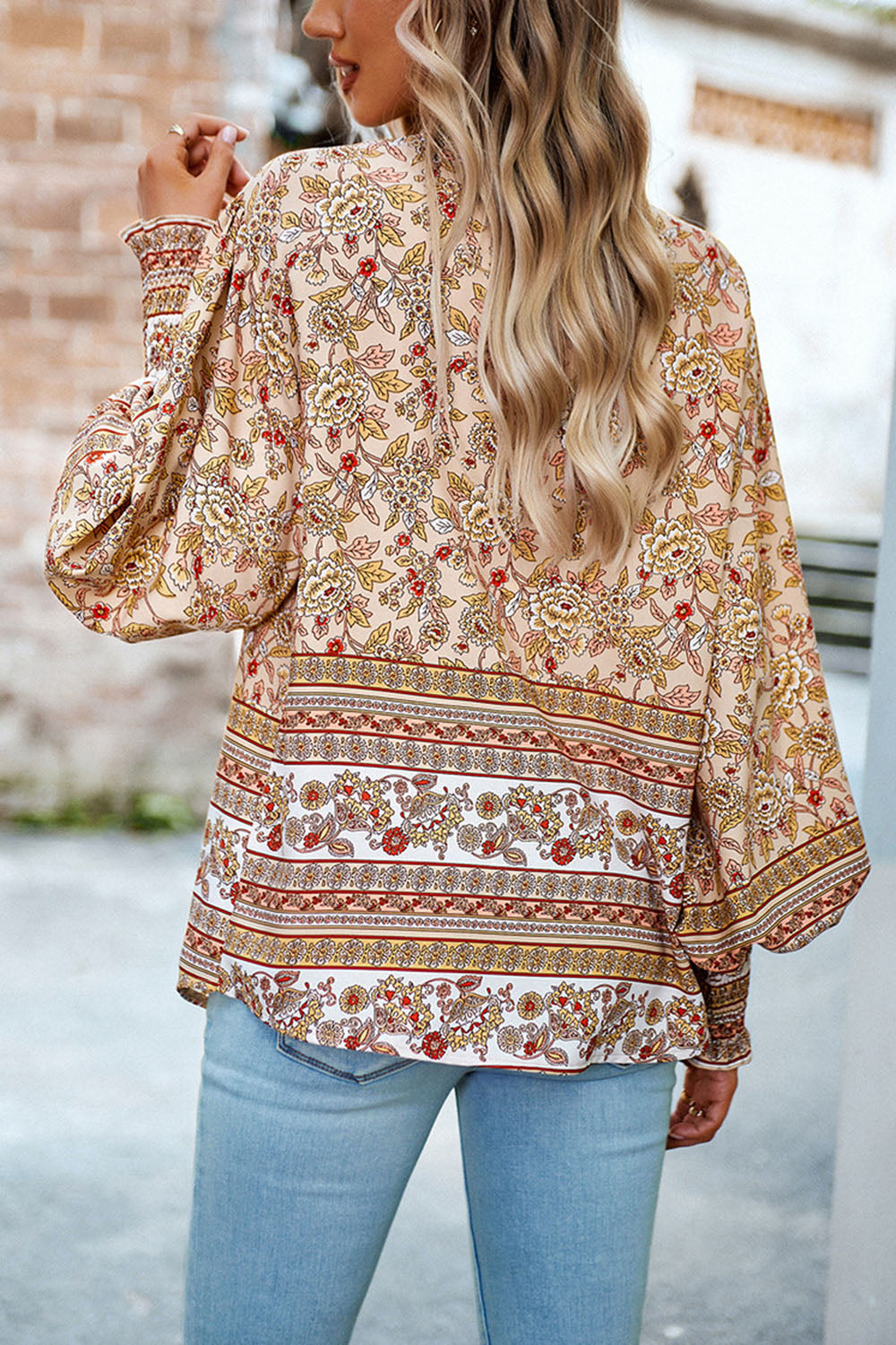 Printed Collared Neck Smocked Lantern Sleeve Shirt Trendsi