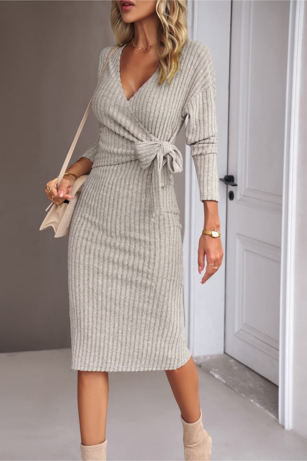 Surplice Neck Tied Ribbed Dress Trendsi