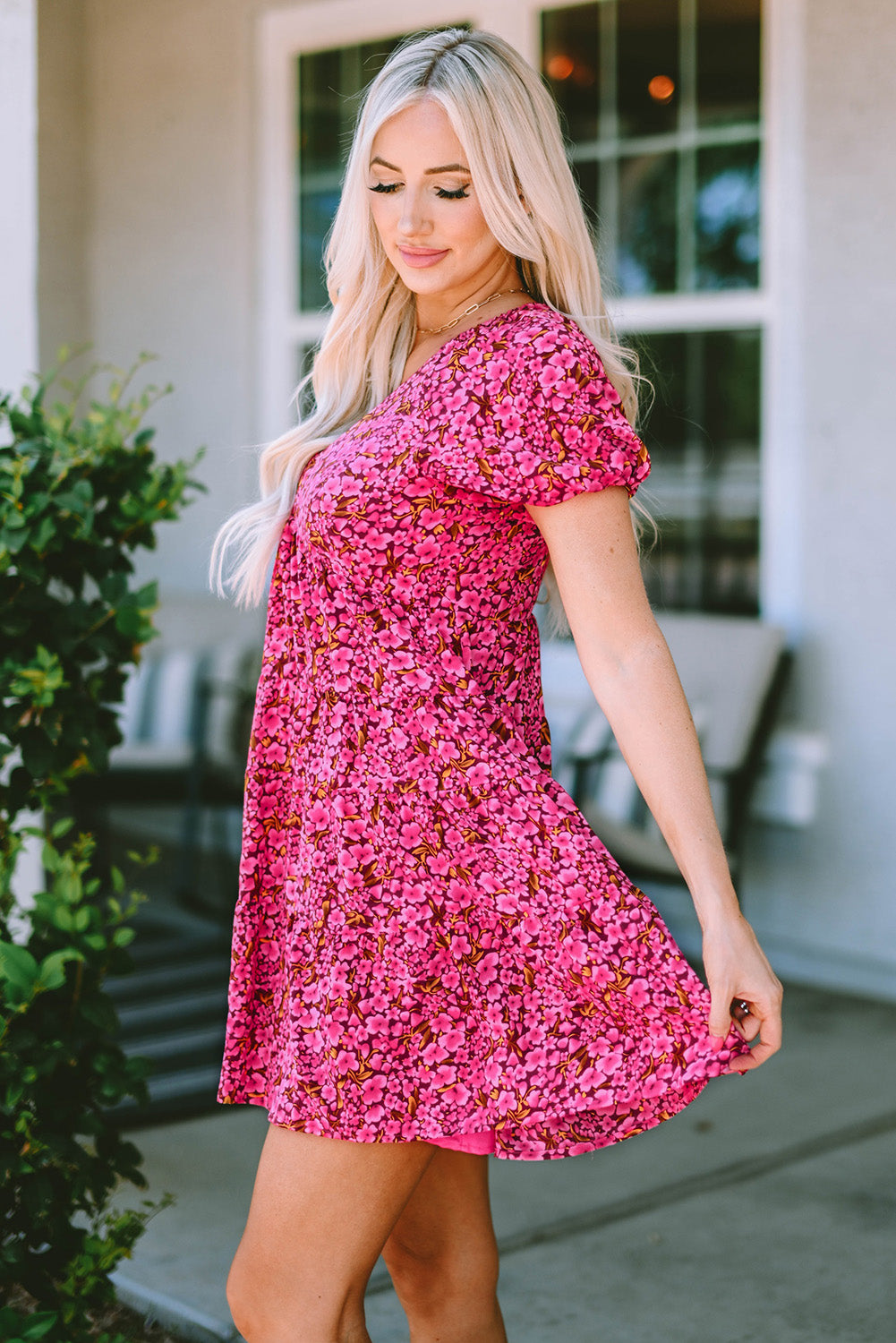 Floral V-Neck Short Sleeve Mini Dress Trendsi