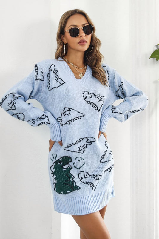 Dinosaur Pattern V-Neck Sweater Dress ShopOnlyDeal