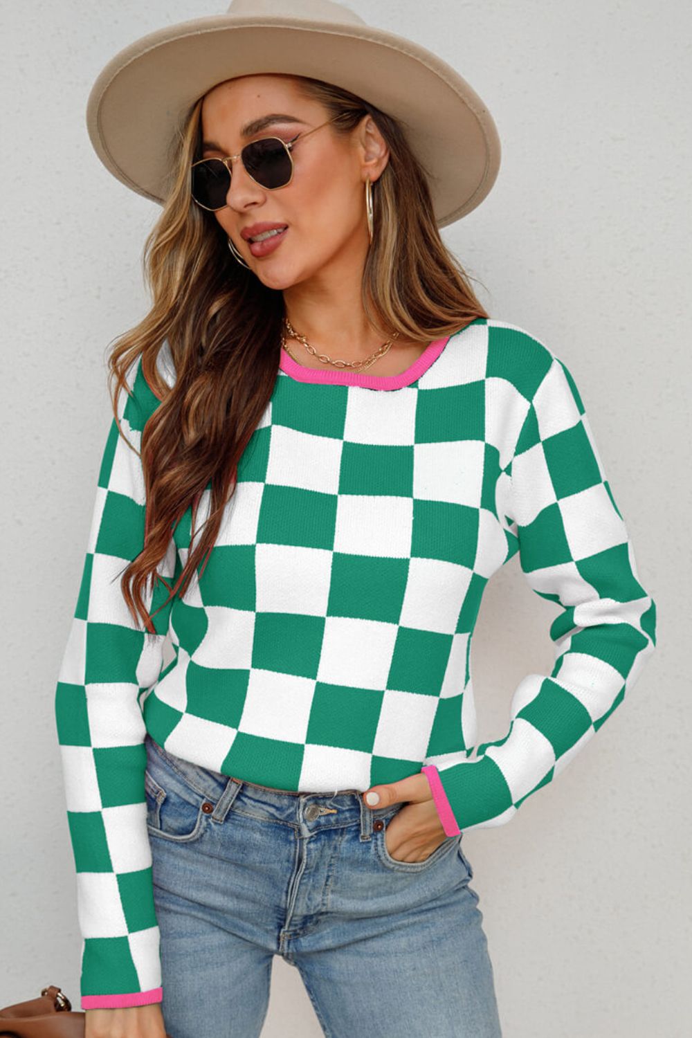 Checkered Round Neck Sweater Trendsi