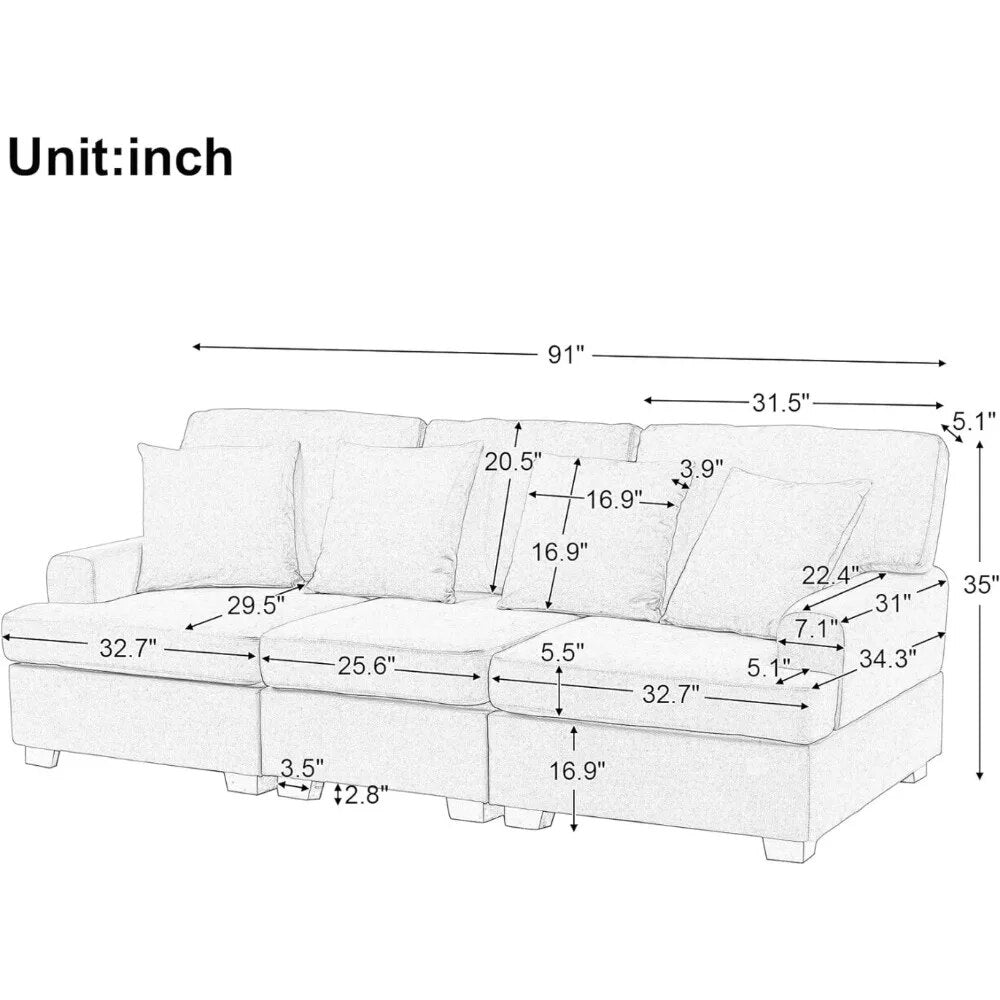 Luxury sofa 91‘’ 3 Upholstered Sofa Sets Couch with Removable Back Seat Cushions 4 Comfortable Pillows Living Room Sofa Shop