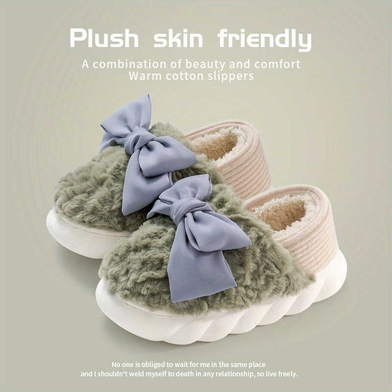 Cute Bowknot Warm Slippers Plush Cloud, Cozy Slip On Platform Fuzzy Shoes, Winter Warm Home Slippers - Temu ShopOnlyDeal