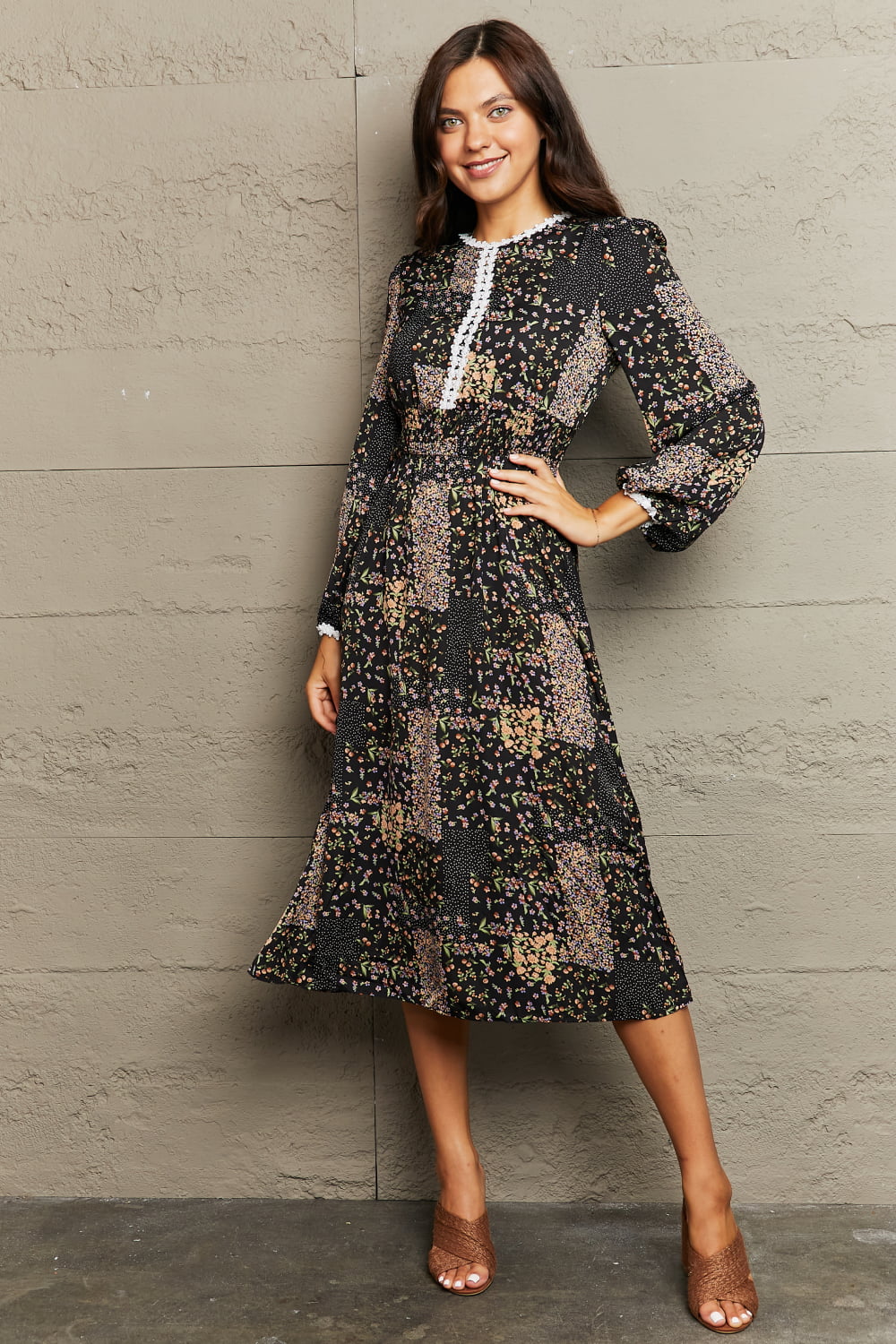 Printed Long Sleeve Round Neck Dress Trendsi