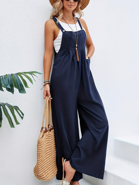 Boho Solid Sleeveless Long Length Jumpsuit, Casual Baggy Jumpsuit With Pockets, Women's Clothing - Temu ShopOnlyDeal