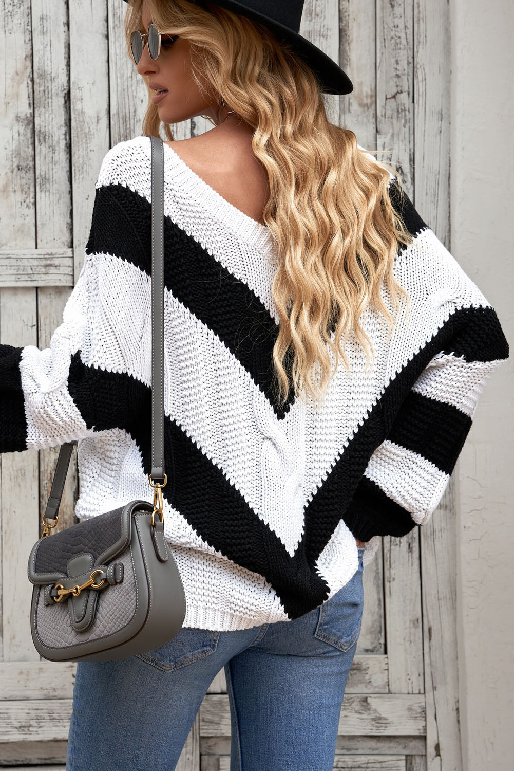 Woven Right Chevron Cable-Knit V-Neck Tunic Sweater ShopOnlyDeal