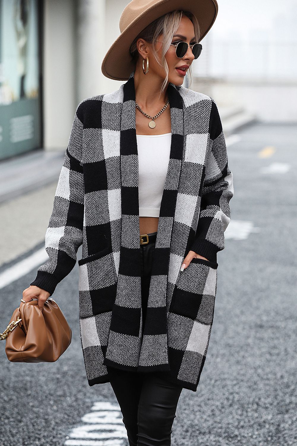 Plaid Dropped Shoulder Cardigan with Pocket Trendsi