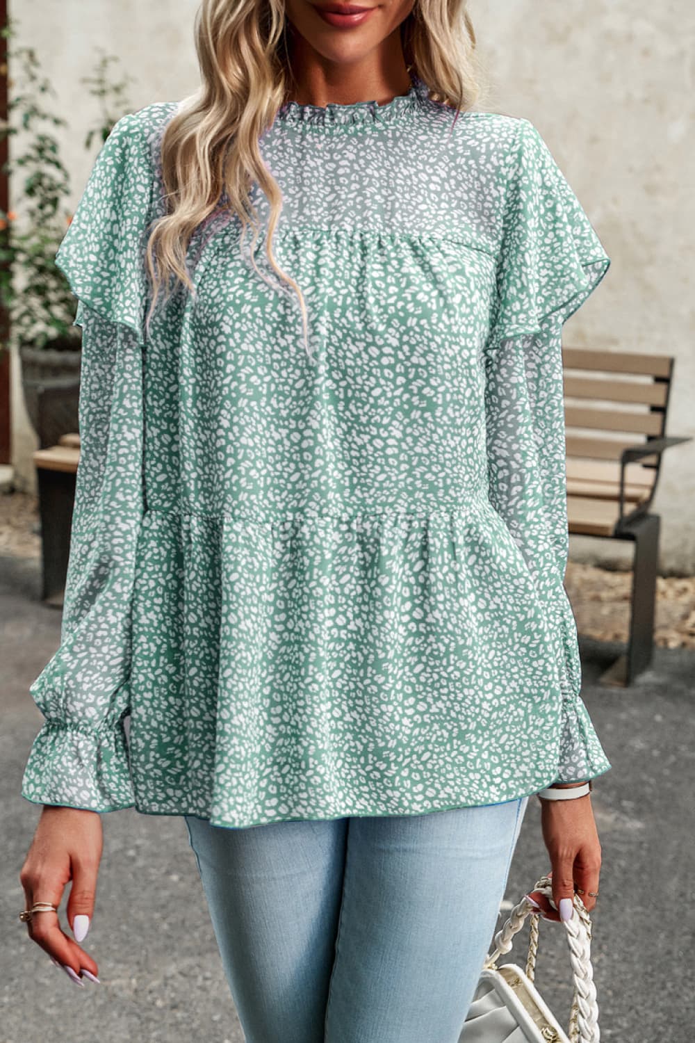 Printed Round Neck Flounce Sleeve Blouse Trendsi