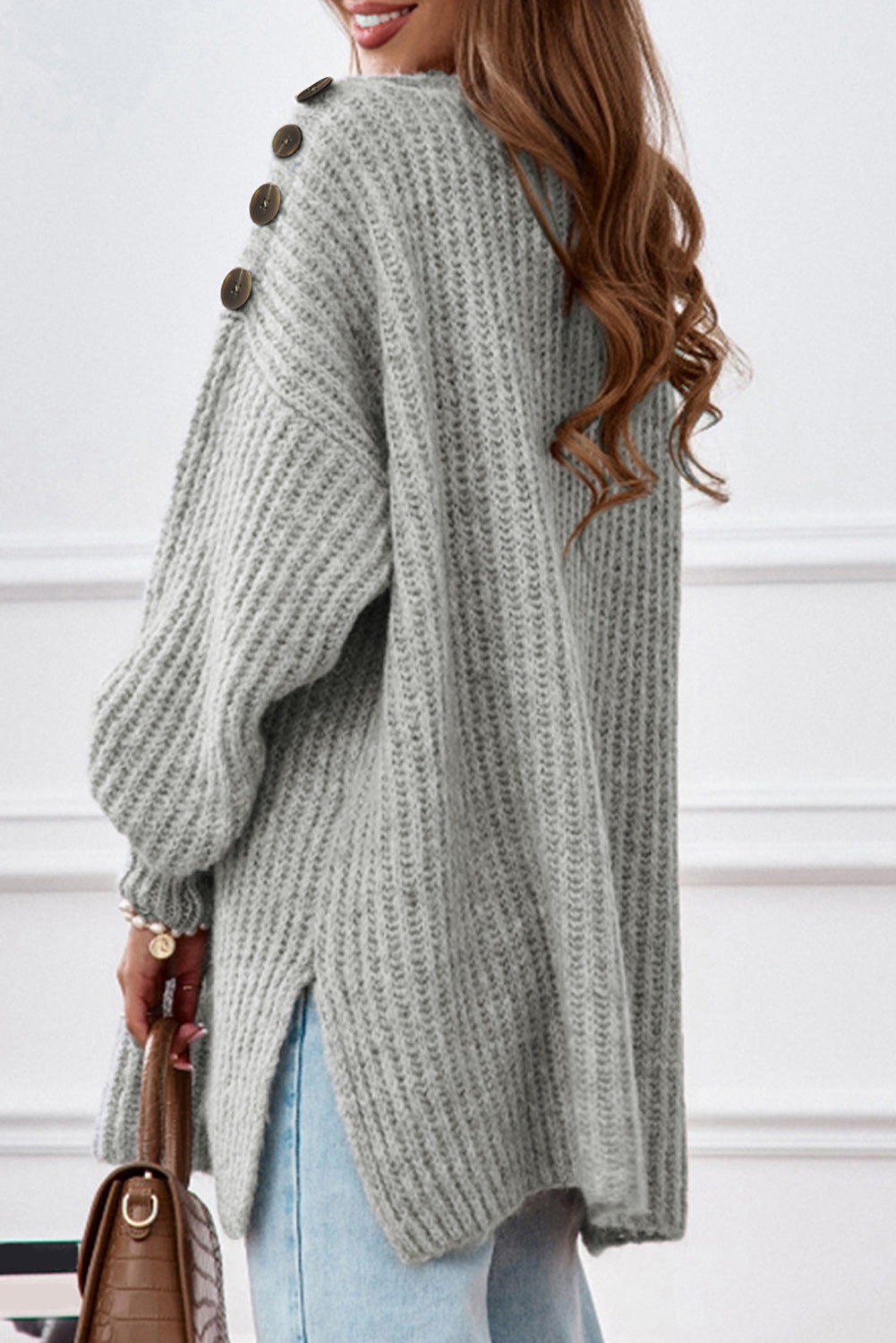 Buttoned Boat Neck Slit Sweater Trendsi