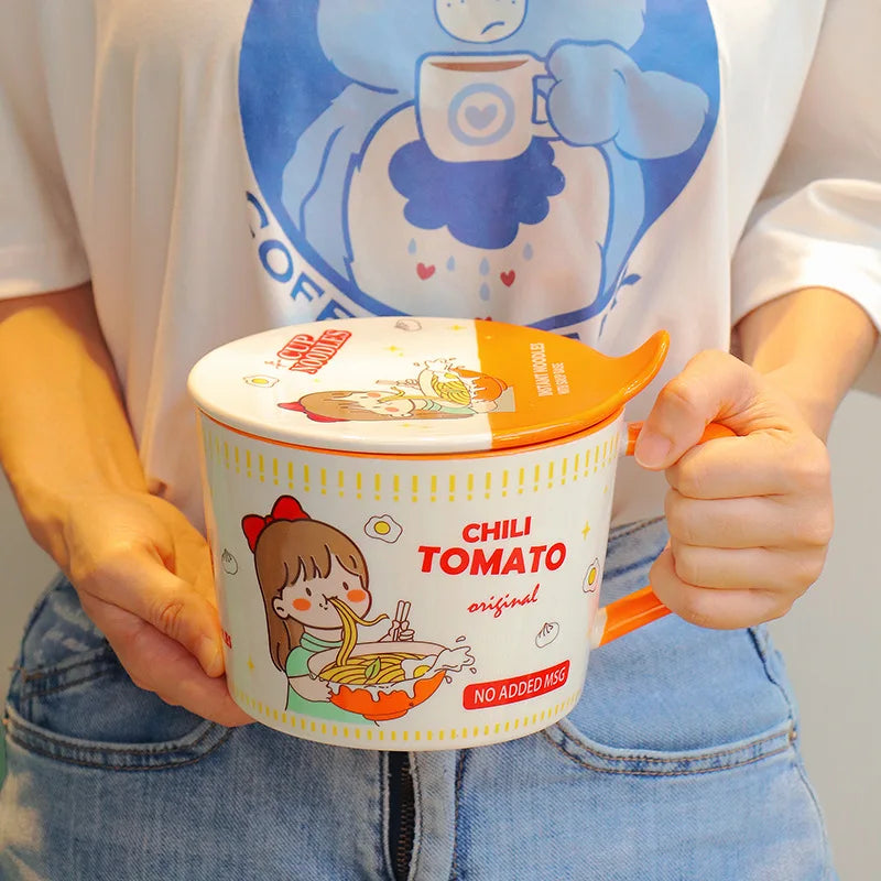 Cartoon Instant Noodle Bowl With Cover 950ml Salad Bowl Ceramic Soup Handle Cup Student Office Lunch Box Boy Girl ShopOnlyDeal
