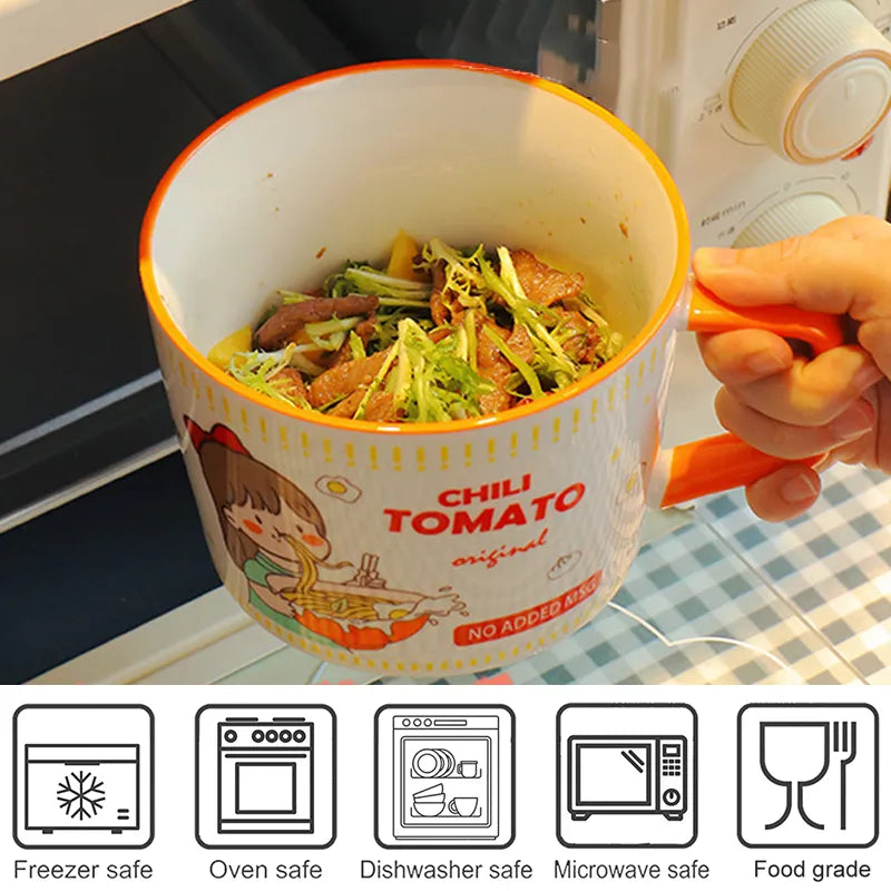 Cartoon Instant Noodle Bowl With Cover 950ml Salad Bowl Ceramic Soup Handle Cup Student Office Lunch Box Boy Girl ShopOnlyDeal