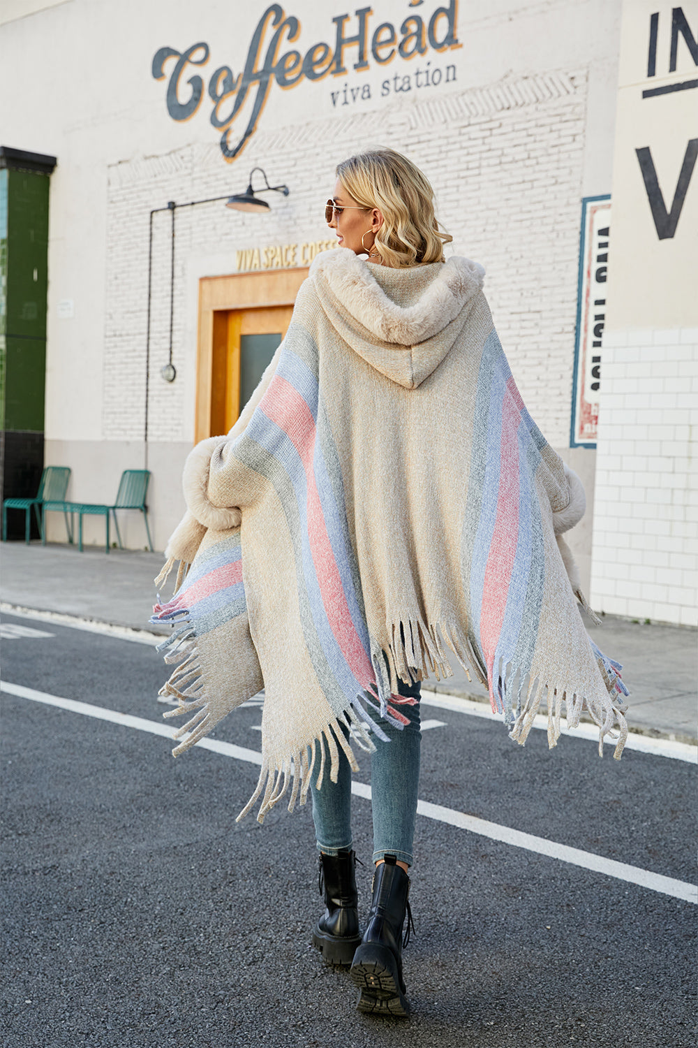 Color Block Fringe Detail Poncho Trendsi