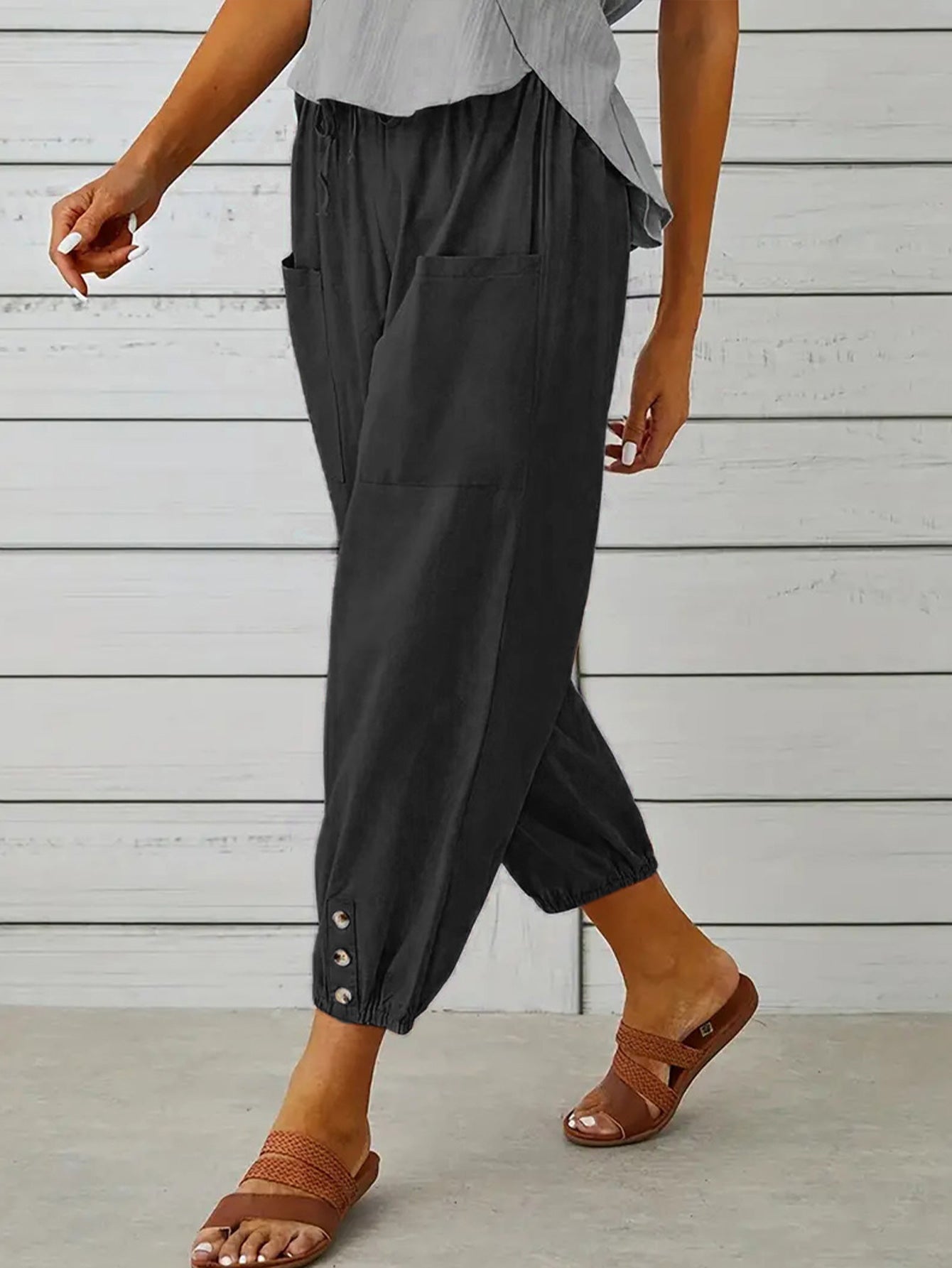 Buttoned Beauty: Stylish Decorative Cropped Pants for a Chic Look ShopOnlyDeal