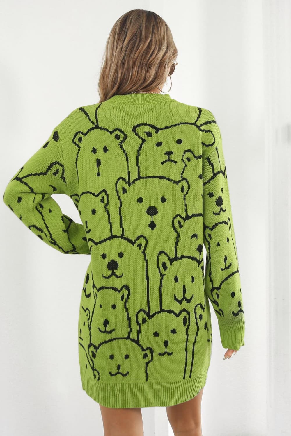 Bear Pattern Round Neck Sweater Dress Trendsi