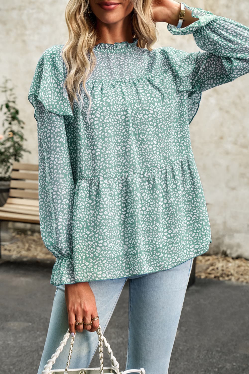 Printed Round Neck Flounce Sleeve Blouse Trendsi