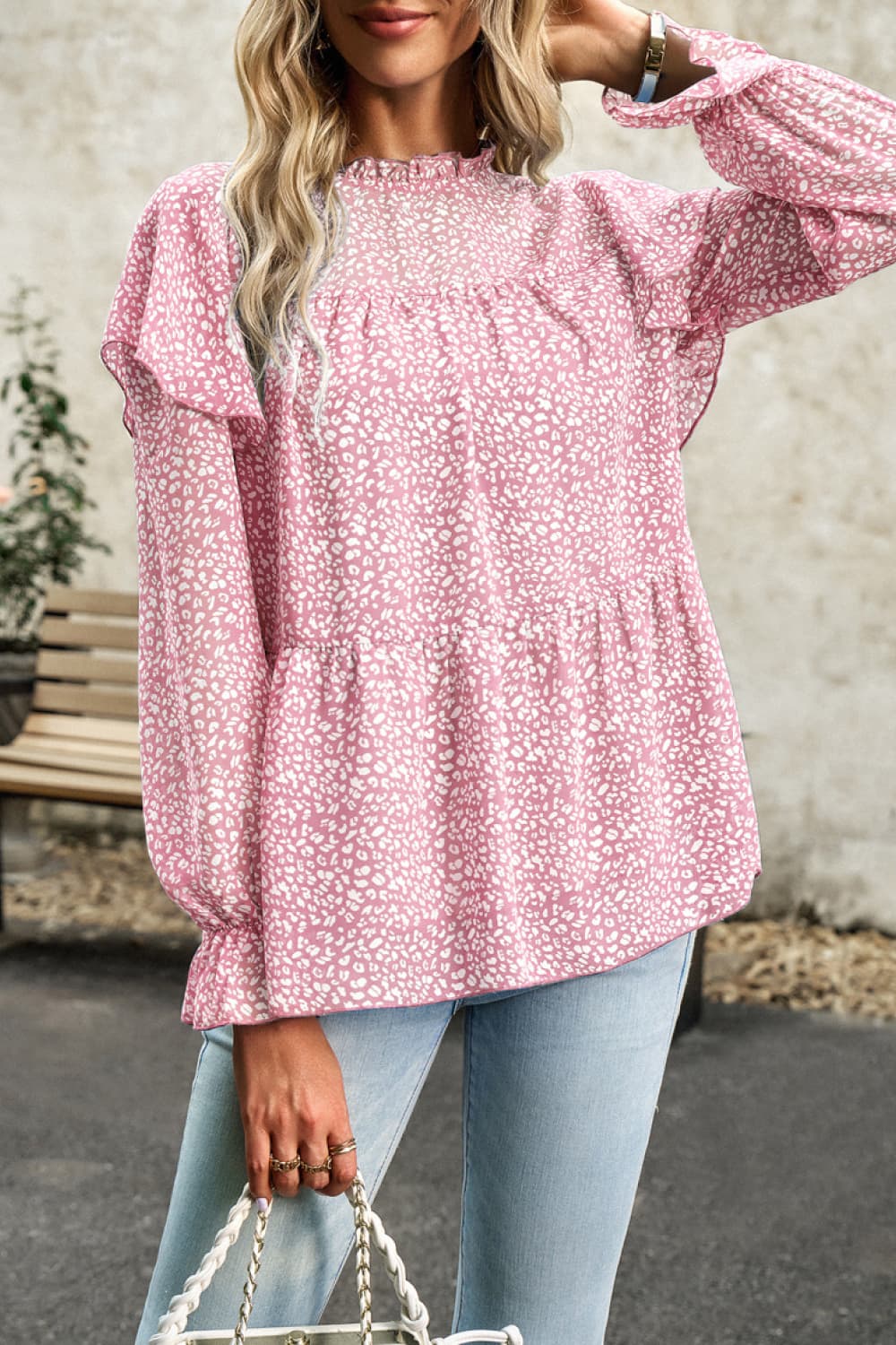 Printed Round Neck Flounce Sleeve Blouse Trendsi