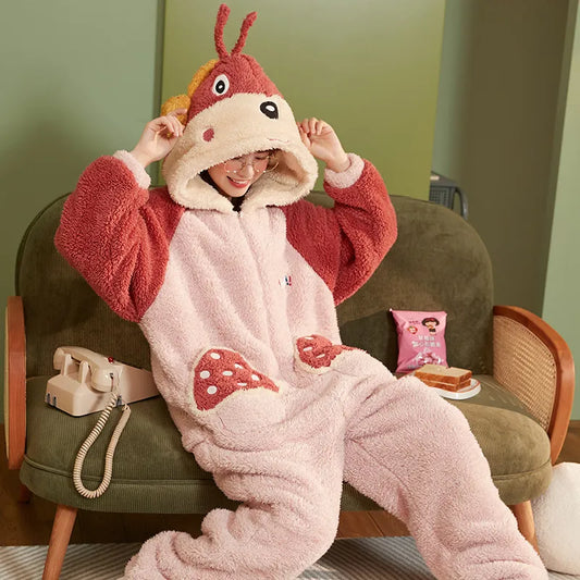 Adult Kigurumis Women Pijama Onesie Jumpsuit Lady Cartoon Pig Lovely Winter Thicken Hoodie Pyjamas Soft Warm Girls Sleepwear QDM88178 ShopOnlyDeal