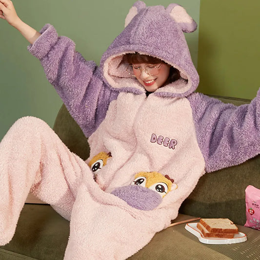 Adult Kigurumis Women Pijama Onesie Jumpsuit Lady Cartoon Pig Lovely Winter Thicken Hoodie Pyjamas Soft Warm Girls Sleepwear QDM88179 ShopOnlyDeal