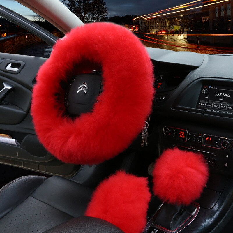 Fluffy Warm Sheep Wool 3PCS Set Real Wool Fur Soft Steering Wheel Covers Furry Long Hair Womens Winter Fashion Handle Cover Car Decoration Accessories ShopOnlyDeal