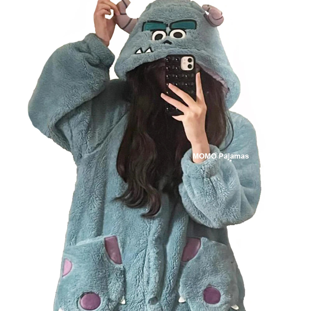 Monster Sleepwear Animal Hooded Winter Flannel Nightgowns Women Sweet Cute Warm Sleepwear Female Thick Plus Size Nightwear Mid-calf Sleepshirts ShopOnlyDeal