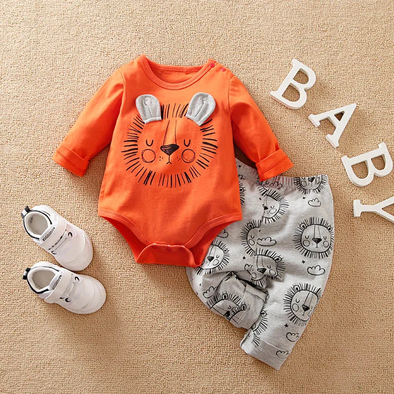 Animal - Orange lion print long sleeve with pants cotton fashion set，0-18 months Newborn Baby boy Spring and Autumn Round Neck ShopOnlyDeal