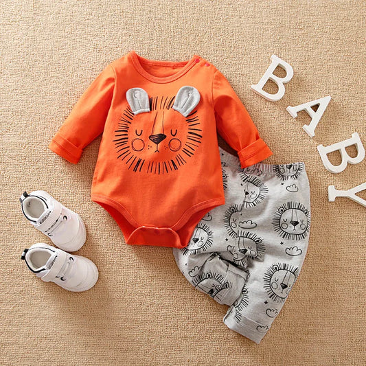 Animal - Orange lion print long sleeve with pants cotton fashion set，0-18 months Newborn Baby boy Spring and Autumn Round Neck ShopOnlyDeal