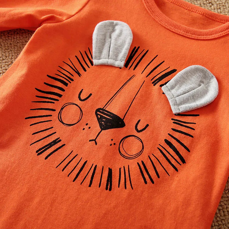 Animal - Orange lion print long sleeve with pants cotton fashion set，0-18 months Newborn Baby boy Spring and Autumn Round Neck ShopOnlyDeal