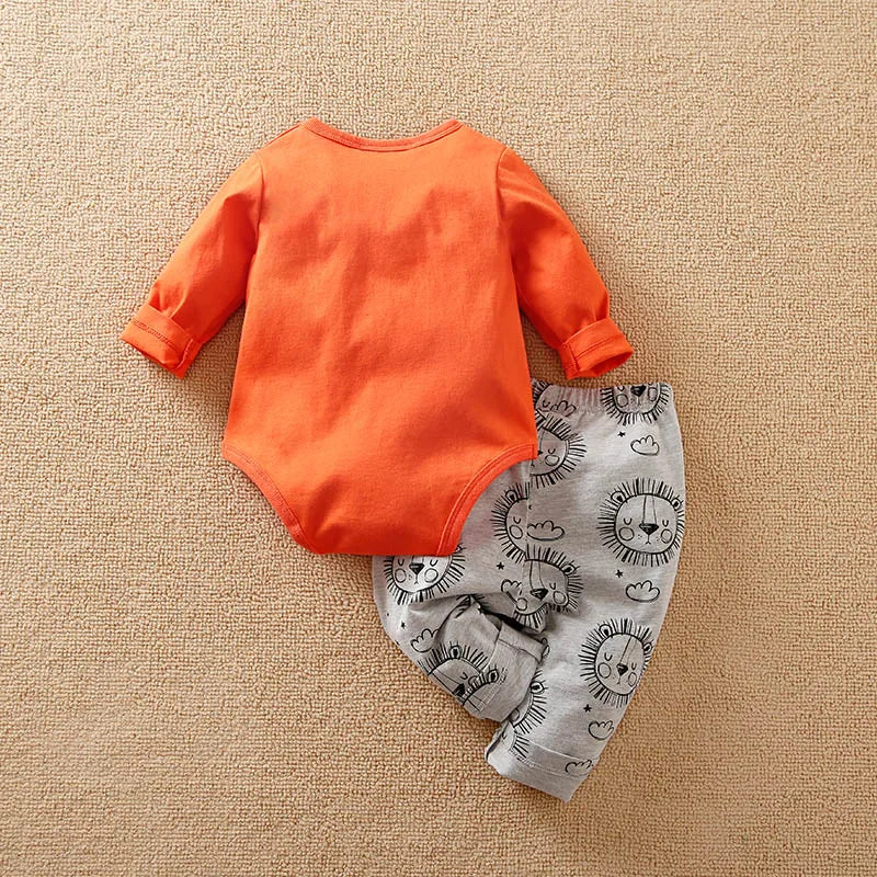 Animal - Orange lion print long sleeve with pants cotton fashion set，0-18 months Newborn Baby boy Spring and Autumn Round Neck ShopOnlyDeal