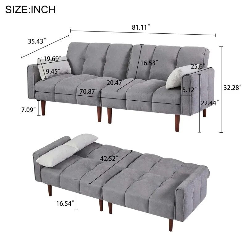 Sofa Bed Set 2 Piece Futon, 81" 3 Seater Couch for Living Room, 8 Solid Wood Legs, Linen, Gray ShopOnlyDeal