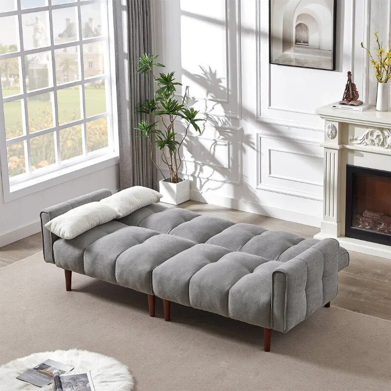 Sofa Bed Set 2 Piece Futon, 81" 3 Seater Couch for Living Room, 8 Solid Wood Legs, Linen, Gray ShopOnlyDeal