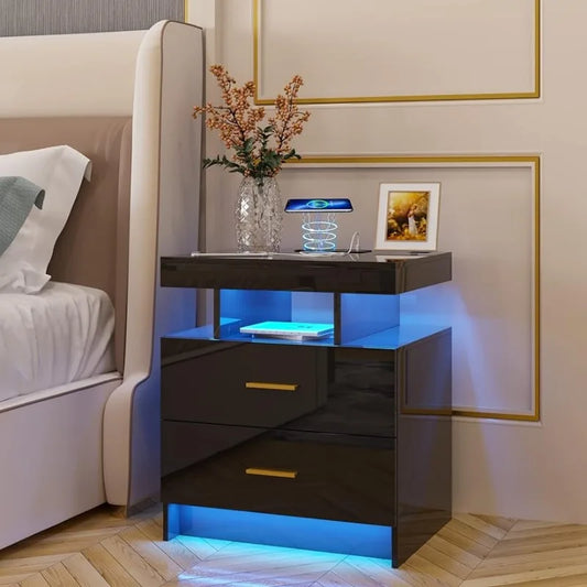 LED Nightstand with Wireless Charging Station & USB Ports,High Gloss Bedside Tables with 2 Drawers,Floating Nightstand ShopOnlyDeal