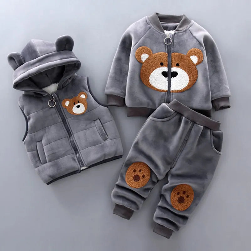 Autumn Winter Baby Boys Clothes Sets Thick Fleece Cartoon Bear Jacket Vest Pants 3Pcs Cotton Sport Suit For Girls Warm Outfits ShopOnlyDeal