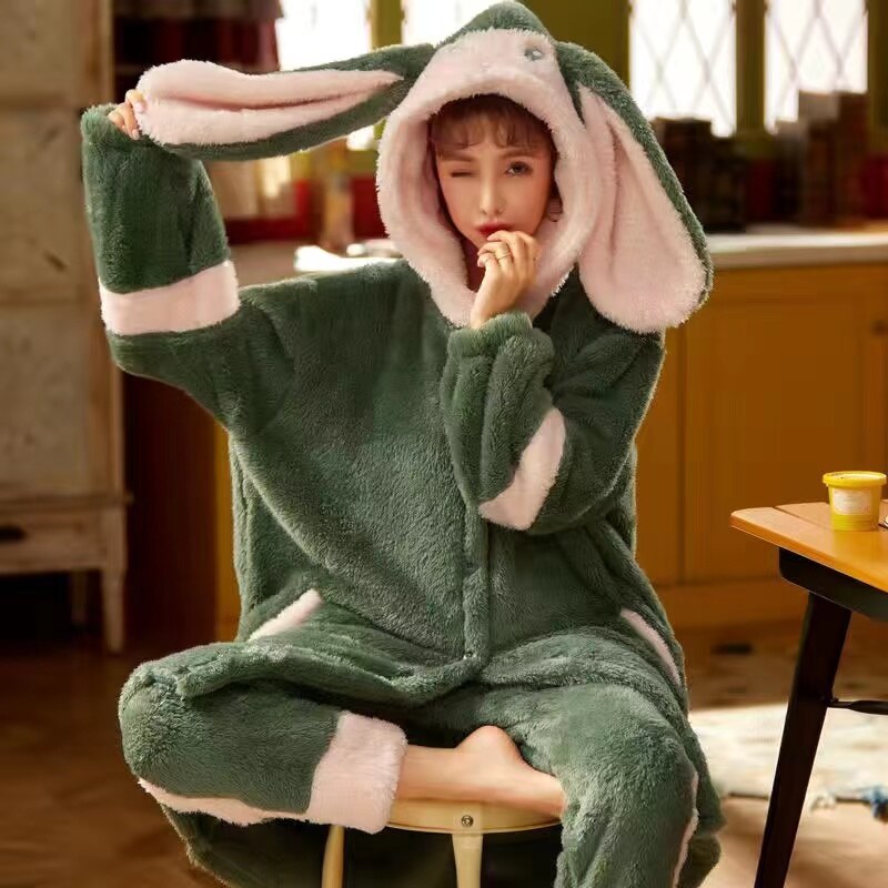 Pajamas With Ear Kawaii Autumn Winter Bunny Gift For Her Flannel Warm Pajama Set Women Bunny Ears Hooded Pyjamas Thicken Warm Female Homewear Pijamas Color5 ShopOnlyDeal