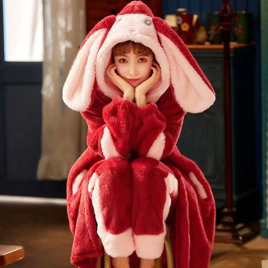 Pajamas With Ear Kawaii Autumn Winter Bunny Gift For Her Flannel Warm Pajama Set Women Bunny Ears Hooded Pyjamas Thicken Warm Female Homewear Pijamas Color1 ShopOnlyDeal