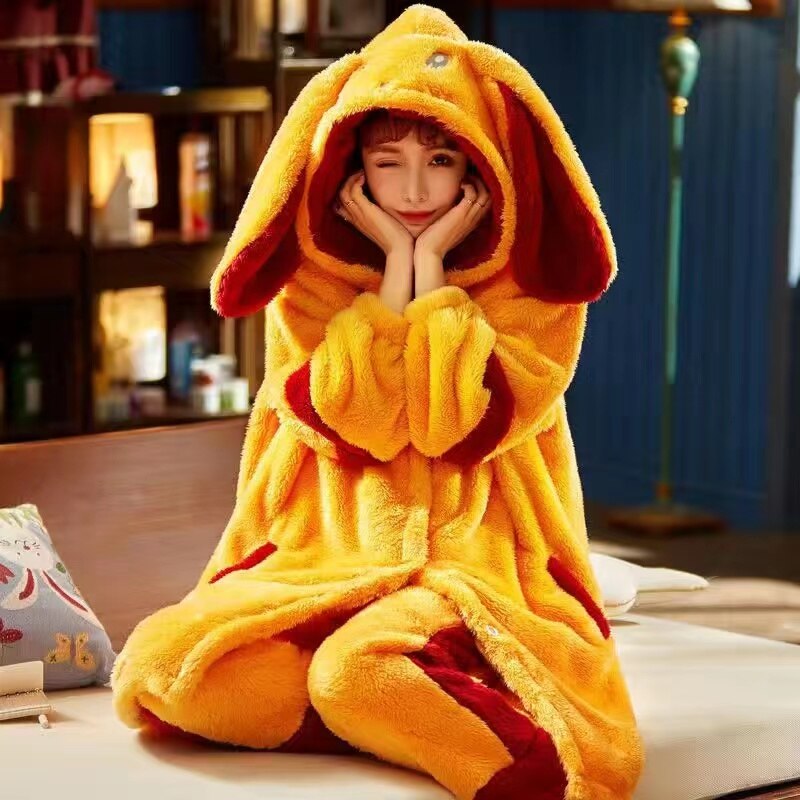 Pajamas With Ear Kawaii Autumn Winter Bunny Gift For Her Flannel Warm Pajama Set Women Bunny Ears Hooded Pyjamas Thicken Warm Female Homewear Pijamas Color4 ShopOnlyDeal