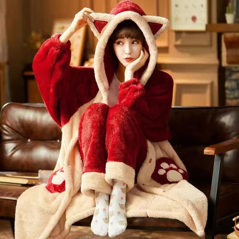 Pajamas With Ear Kawaii Autumn Winter Bunny Gift For Her Flannel Warm Pajama Set Women Bunny Ears Hooded Pyjamas Thicken Warm Female Homewear Pijamas Color10 ShopOnlyDeal