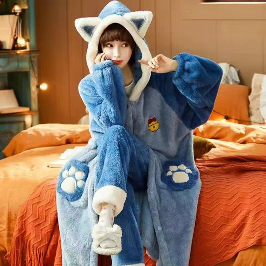 Pajamas With Ear Kawaii Autumn Winter Bunny Gift For Her Flannel Warm Pajama Set Women Bunny Ears Hooded Pyjamas Thicken Warm Female Homewear Pijamas Color9 ShopOnlyDeal