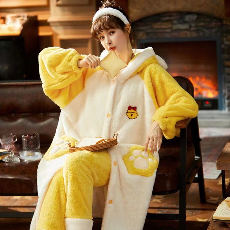 Pajamas With Ear Kawaii Autumn Winter Bunny Gift For Her Flannel Warm Pajama Set Women Bunny Ears Hooded Pyjamas Thicken Warm Female Homewear Pijamas Color7 ShopOnlyDeal