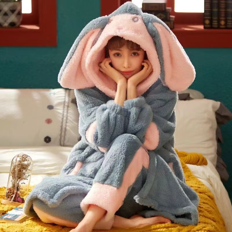 Pajamas With Ear Kawaii Autumn Winter Bunny Gift For Her Flannel Warm Pajama Set Women Bunny Ears Hooded Pyjamas Thicken Warm Female Homewear Pijamas Color2 ShopOnlyDeal