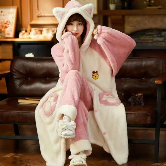 Pajamas With Ear Kawaii Autumn Winter Bunny Gift For Her Flannel Warm Pajama Set Women Bunny Ears Hooded Pyjamas Thicken Warm Female Homewear Pijamas Color8 ShopOnlyDeal