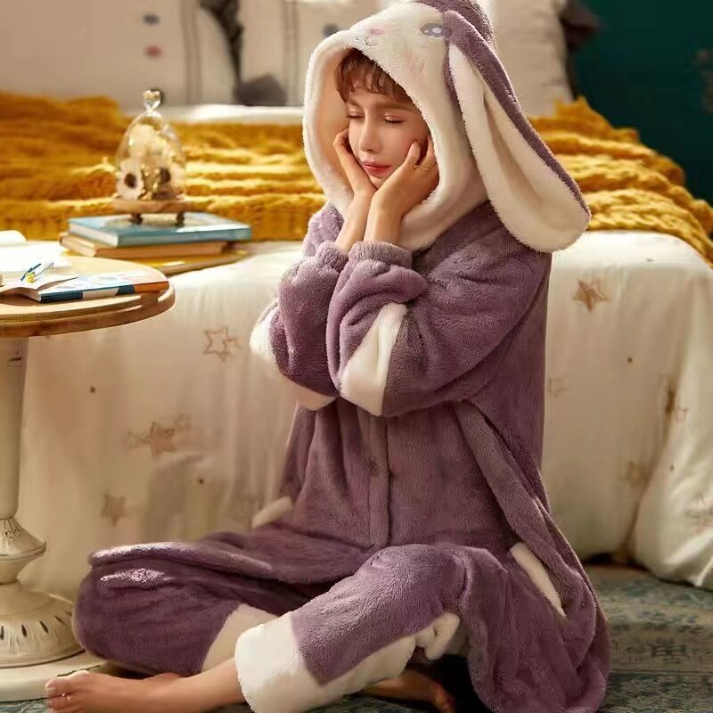 Pajamas With Ear Kawaii Autumn Winter Bunny Gift For Her Flannel Warm Pajama Set Women Bunny Ears Hooded Pyjamas Thicken Warm Female Homewear Pijamas Color6 ShopOnlyDeal