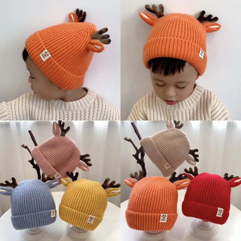 Autumn and Winter 1-4 Year Old Baby Deer Cartoon Wool Hat Korean Knitting Flanging Baby Pullover for Warmth Hats Shop