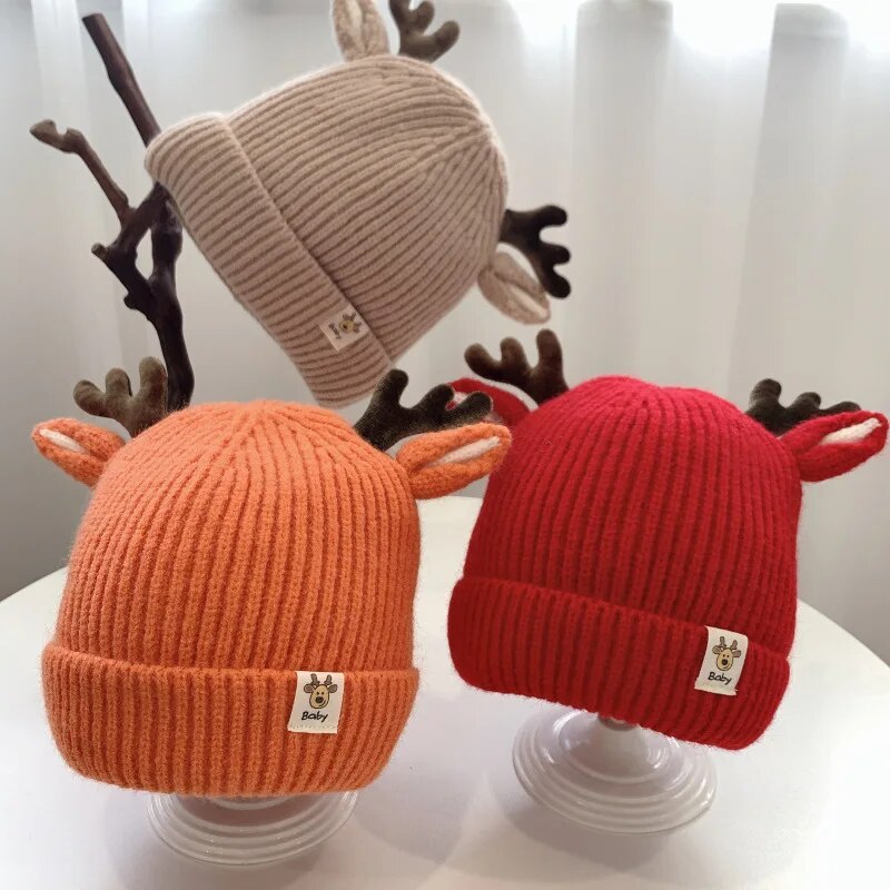 Autumn and Winter 1-4 Year Old Baby Deer Cartoon Wool Hat Korean Knitting Flanging Baby Pullover for Warmth Hats Shop