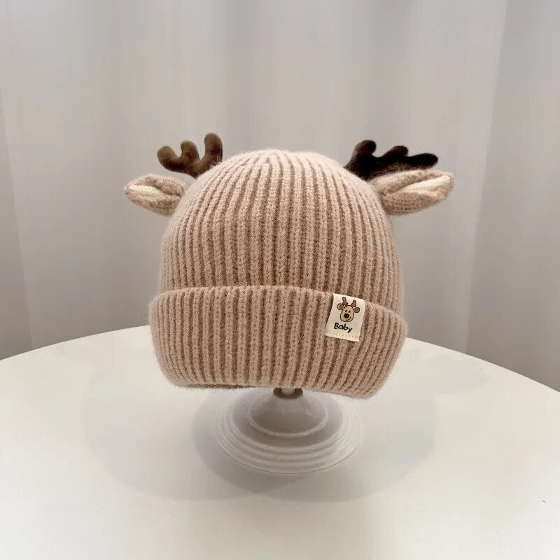 Autumn and Winter 1-4 Year Old Baby Deer Cartoon Wool Hat Korean Knitting Flanging Baby Pullover for Warmth Hats Shop