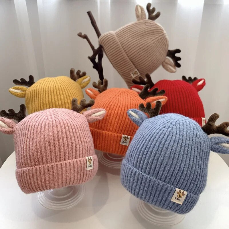 Autumn and Winter 1-4 Year Old Baby Deer Cartoon Wool Hat Korean Knitting Flanging Baby Pullover for Warmth Hats Shop