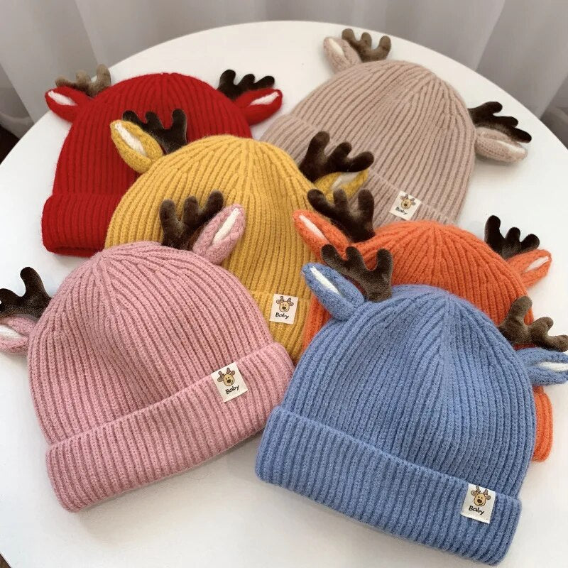 Autumn and Winter 1-4 Year Old Baby Deer Cartoon Wool Hat Korean Knitting Flanging Baby Pullover for Warmth Hats Shop