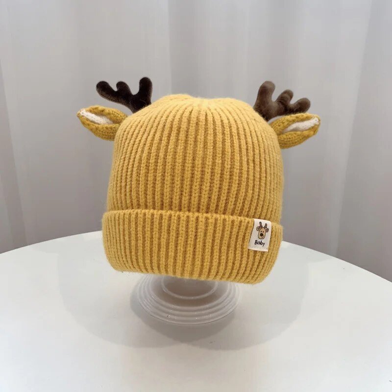 Autumn and Winter 1-4 Year Old Baby Deer Cartoon Wool Hat Korean Knitting Flanging Baby Pullover for Warmth Hats Shop