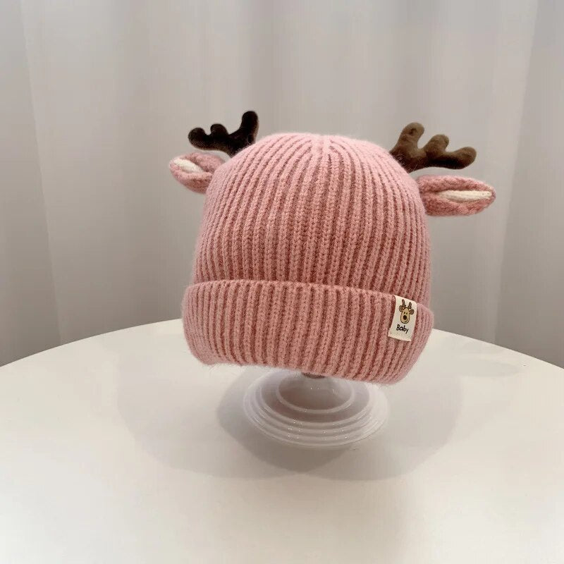 Autumn and Winter 1-4 Year Old Baby Deer Cartoon Wool Hat Korean Knitting Flanging Baby Pullover for Warmth Hats Shop